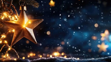 Christmas celebration banner featuring a golden star light chain hanging against a dark sky adorned with snowflakes