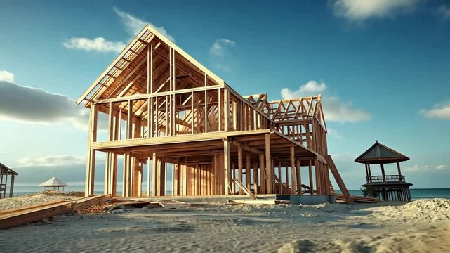 A two-story wooden frame house under construction against a blue sky with white clouds