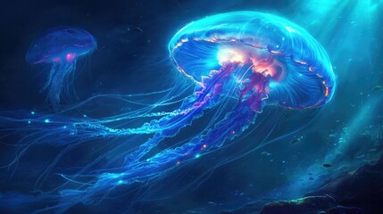 Naklejka premium Bioluminescent jellyfish gracefully gliding through the ocean depths showcasing their delicate gelatinous shapes
