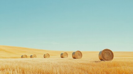 A vast golden field with large round straw bales scattered across