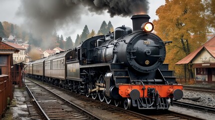 Naklejka premium Historic steam locomotive travels through autumn landscape near quaint village