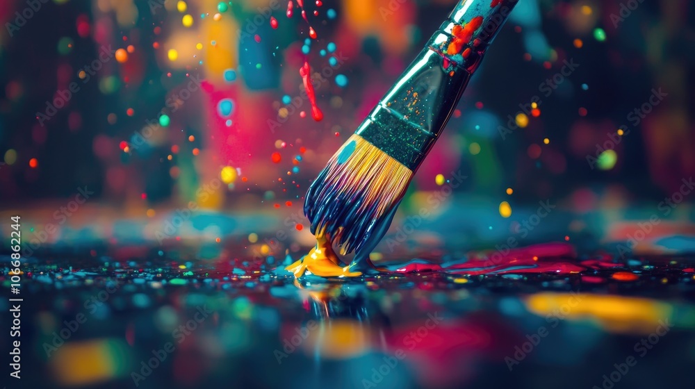 Poster a vivid close up of a paintbrush on a splattered colorful surface captured in high resolution it bea