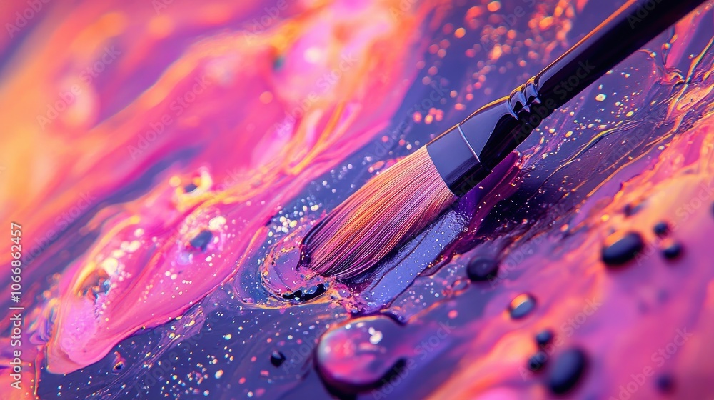 Poster a vivid close up of a paintbrush on a splattered colorful surface captured in high resolution it bea