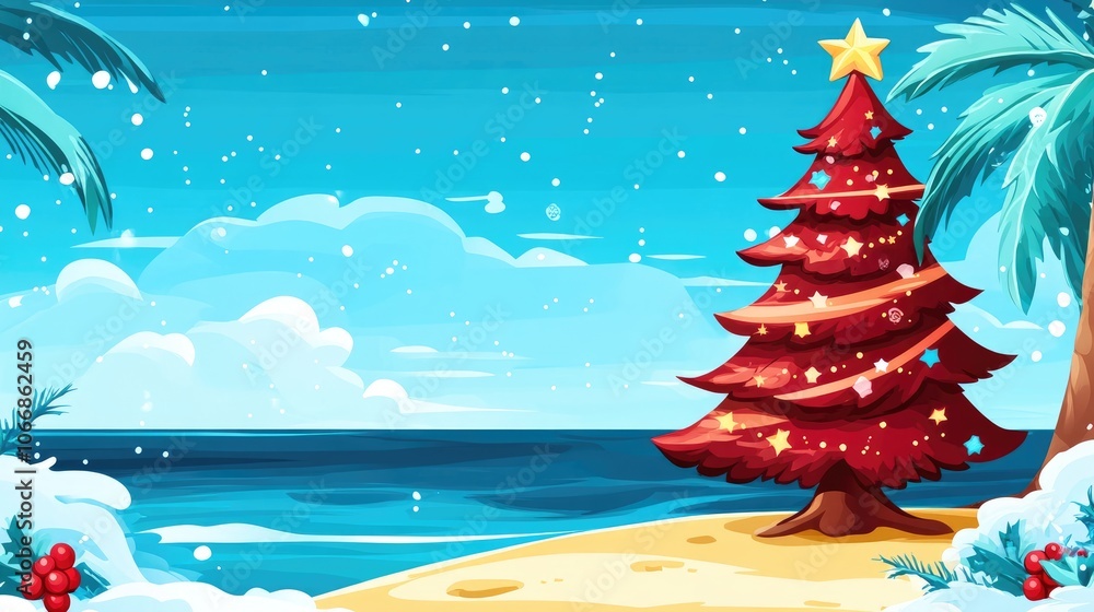 Poster charming festive tree by the shore featuring ample blank space for text or graphics