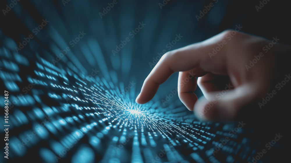 Poster hand interacting with digital data in cyber environment