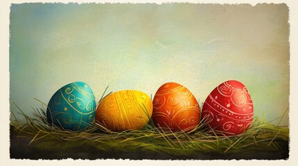 Beautiful blank Easter card featuring colorful eggs and ample space for personalization