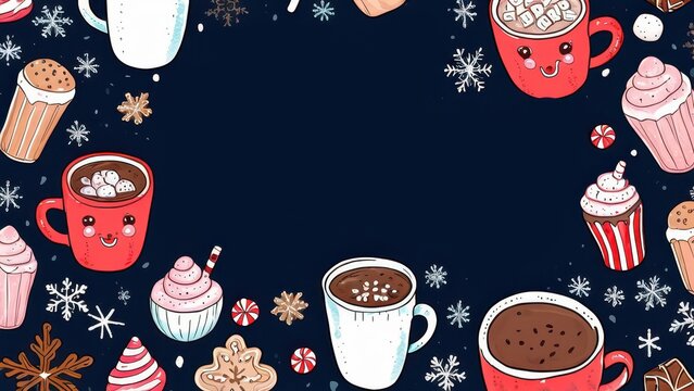 Whimsical holiday design with snowmen wearing scarves, mugs of steaming cocoa, marshmallows, and festive decorations, set