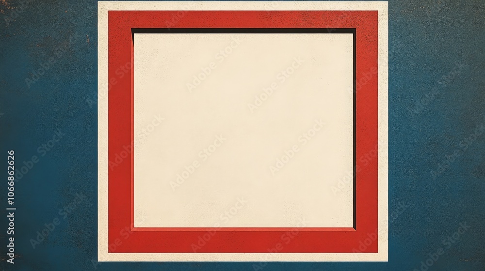 Poster border frame in red white and blue on a blank backdrop featuring a white square shape outlined by a 