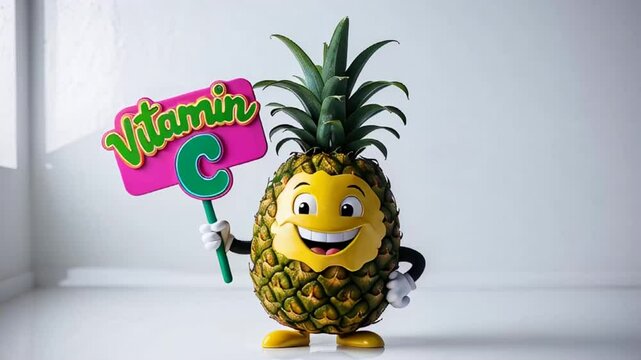 Cartoon happy character pineapple with sign inscription vitamin C

