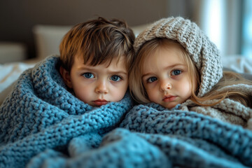 A boy and a girl wrapped up in a blanket