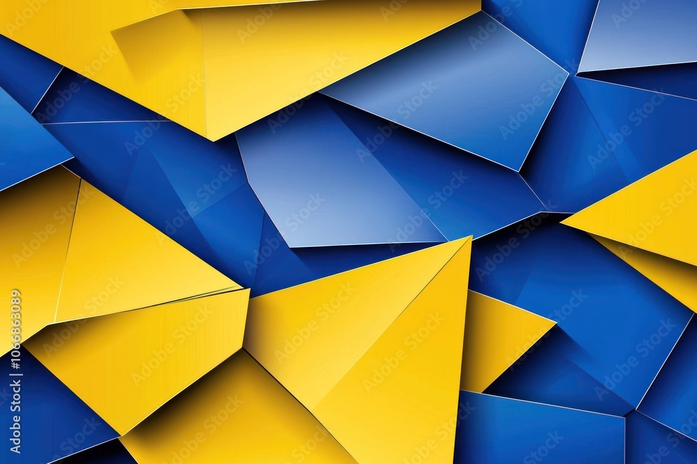 Poster Abstract Geometric Pattern with Interlocking Blue and Yellow Shapes