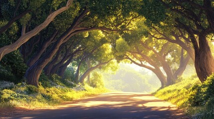 A winding road meanders through a canopy of vibrant overhanging trees forming a peaceful natural archway with sunlight streaming through and creating dappled shadows on the ground