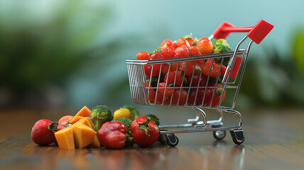 Visualizing inflation increase in product sales with food cart and growth arrow reflecting recession