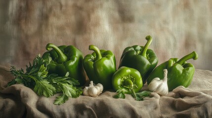 fresh green peppers arranged artistically on a wooden cutting board,