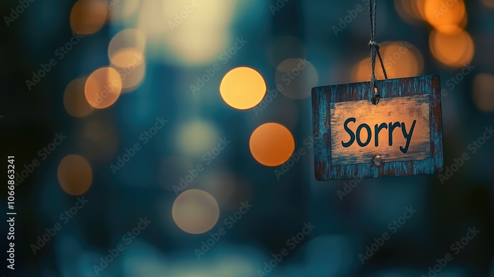 Poster A sign saying Sorry attached to a string with a blurred bokeh light effect in the background