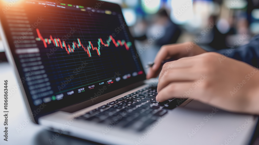 Poster currency analysis with charts and graphs on laptop