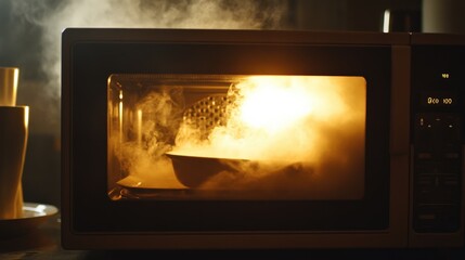 Fototapeta premium Thick smoke billows from a microwave as it heats food, casting a warm glow in a dim kitchen setting during the early evening