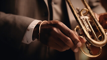 Obraz premium Closeup of a musician's hands skillfully playing a trumpet in a dimly lit jazz club during an evening performance