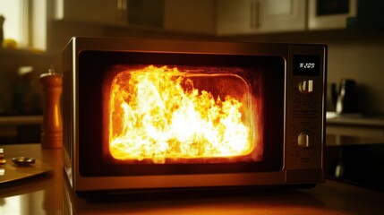 Obraz premium A microwave in a kitchen emits large flames, dramatically showcasing the dangerous consequences of overheating food during cooking. The surrounding area appears a mix of shock and chaos