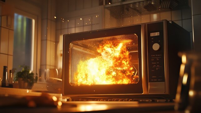 Flames erupt from a microwave in a kitchen, creating a hazardous situation. The explosion poses a serious fire risk and calls for immediate attention and safety measures