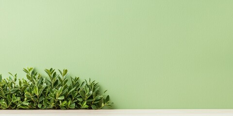 Obraz premium Lush green plants against a soft pastel green wall, minimalist decor setting.