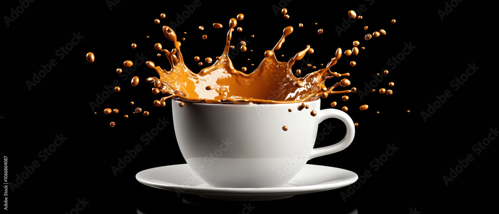 Poster coffee cup with splash effect, creating dynamic visual impact