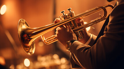 Obraz premium Closeup of a musician's hands skillfully playing a trumpet in a dimly lit jazz club during an evening performance