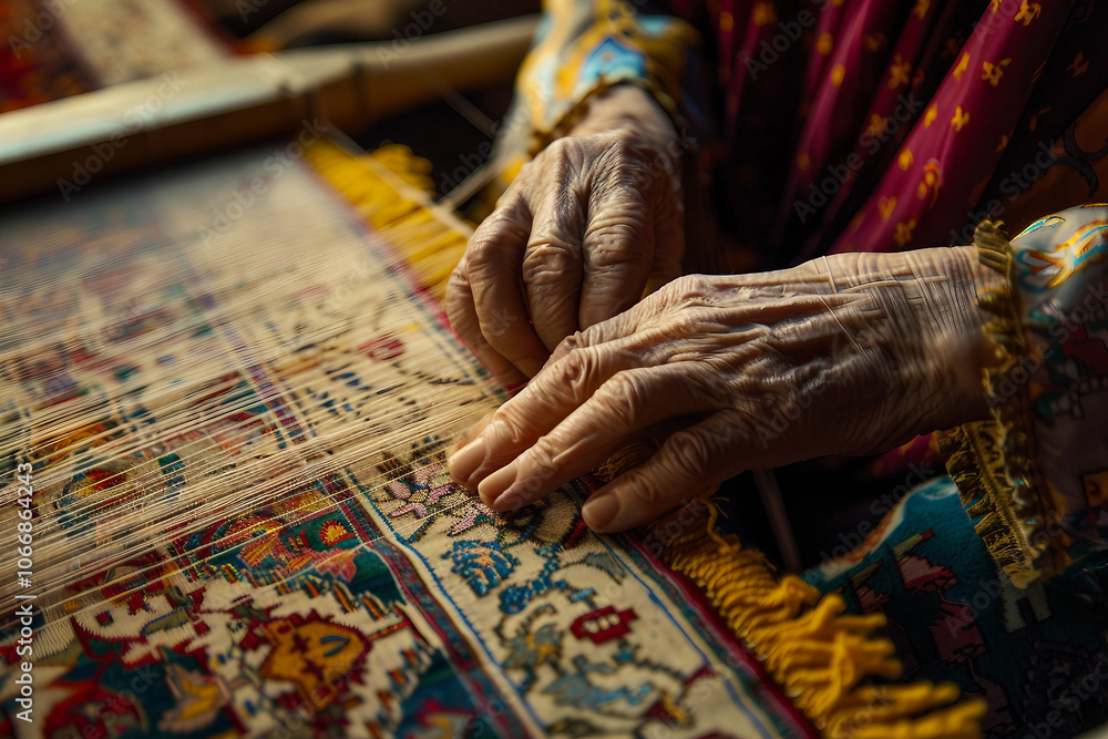 Poster weaver actively working on a colorful tapestry using a traditional wooden loom generative ai image