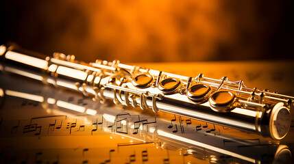 Obraz premium Intricate gold flute rests among delicate orange flowers, showcasing exquisite craftsmanship and a sense of musical chaos in a serene setting