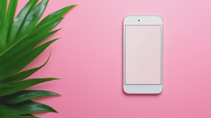 Isolated Smartphone on Pink Background with Green Leaf