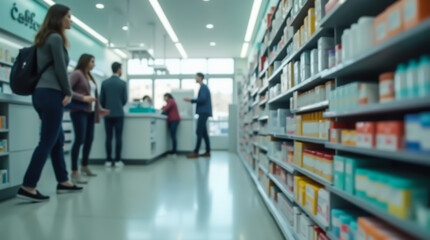 Blurred image of people choosing items on shelves with medications and talking with pharmacists in the pharmacy