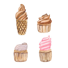 chocolate ice cream in a waffle cone and cupcakes with cream set watercolor illustration isolated on a white background base for printing textile cards