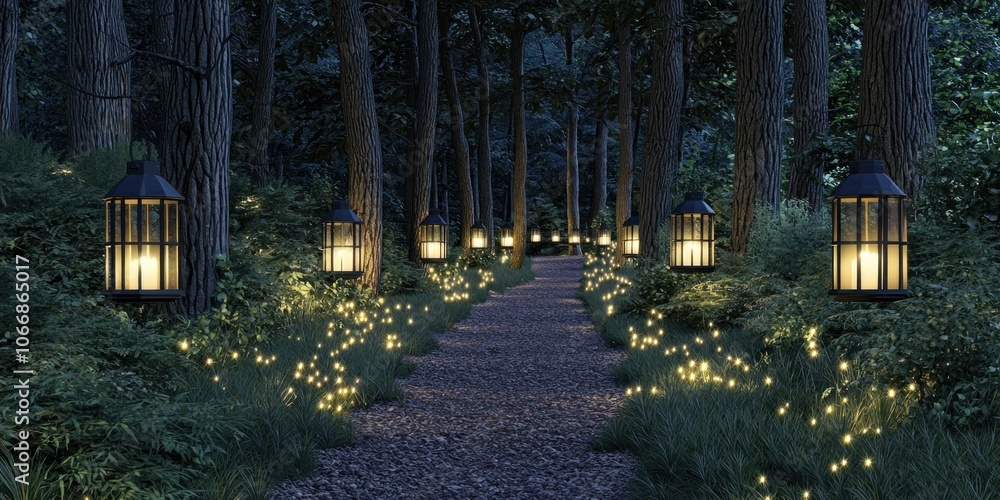 Poster a forest path illuminated by lanterns and fairy lights at dusk