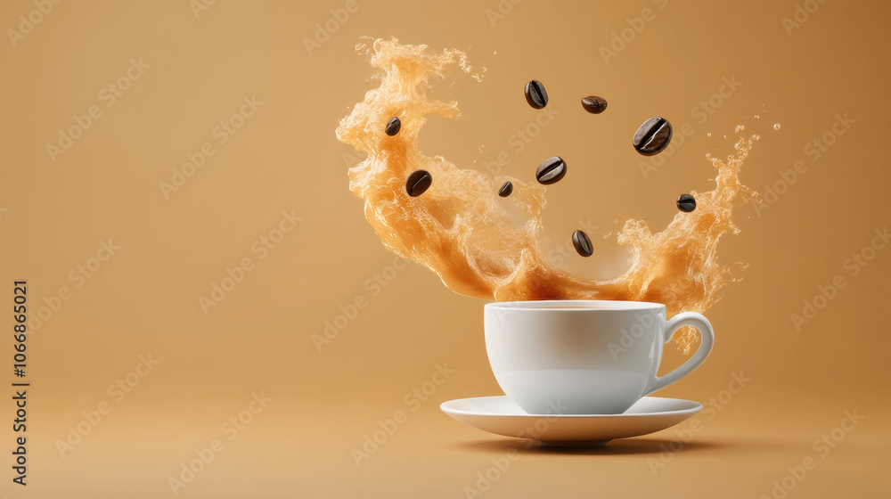 Poster dynamic splash of coffee with floating beans in cup