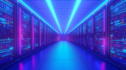 Fototapeta premium Ultra-modern data center with glowing blue and neon lights, rows of high-tech servers extending into the distance, vibrant circuit displays, immersive cyber theme.