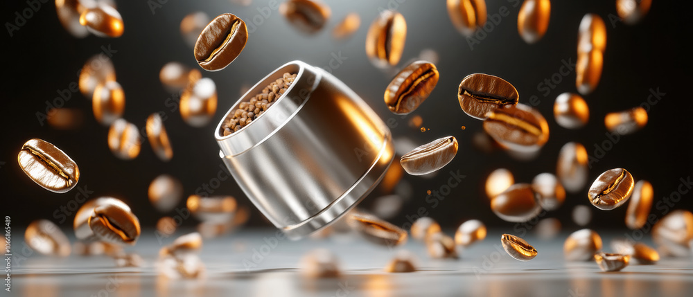Poster metallic container with coffee beans floating around, creating dynamic scene