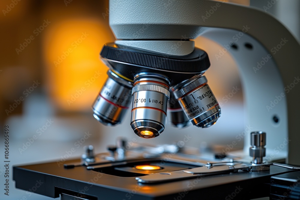 Aufkleber Close-up of a microscope with multiple objective lenses