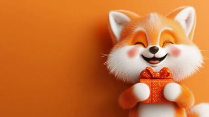 Fototapeta premium Smiling cartoon fox holding a Christmas or birthday gift box on orange background. Minimal banner with copy space. Postcard, card.