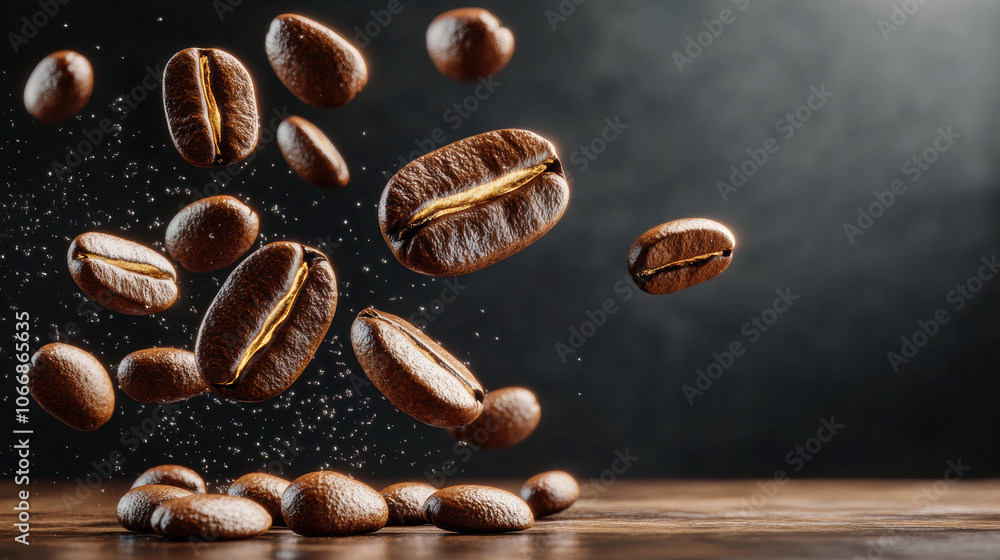 Poster floating coffee beans in dark texture create dynamic scene