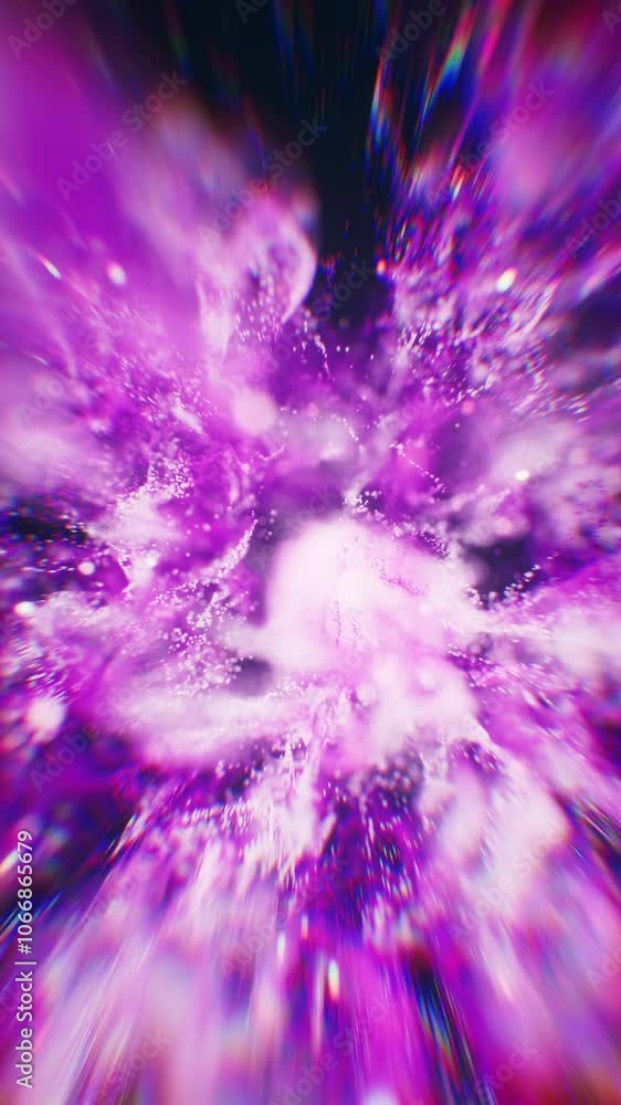 Poster purple flowing particles with explosive wave effect, 3d rendering.