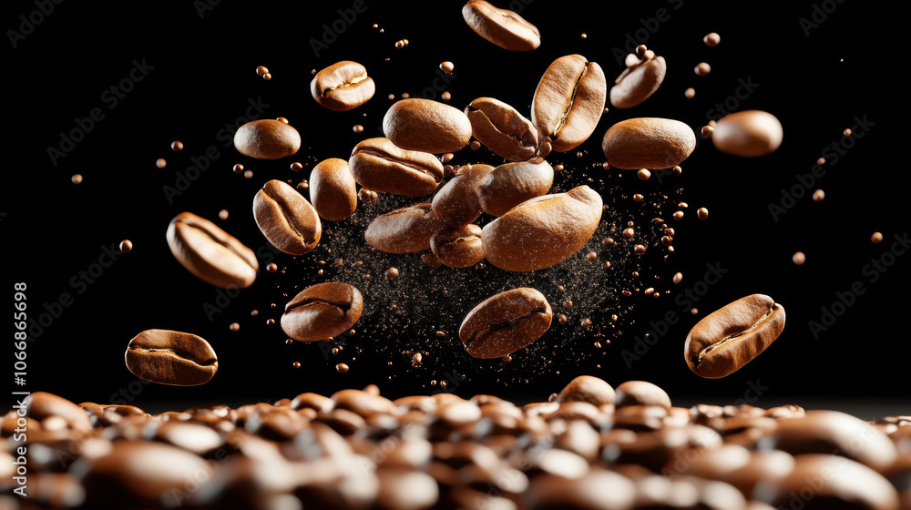 Poster coffee beans floating in dark space, creating dynamic and rich scene