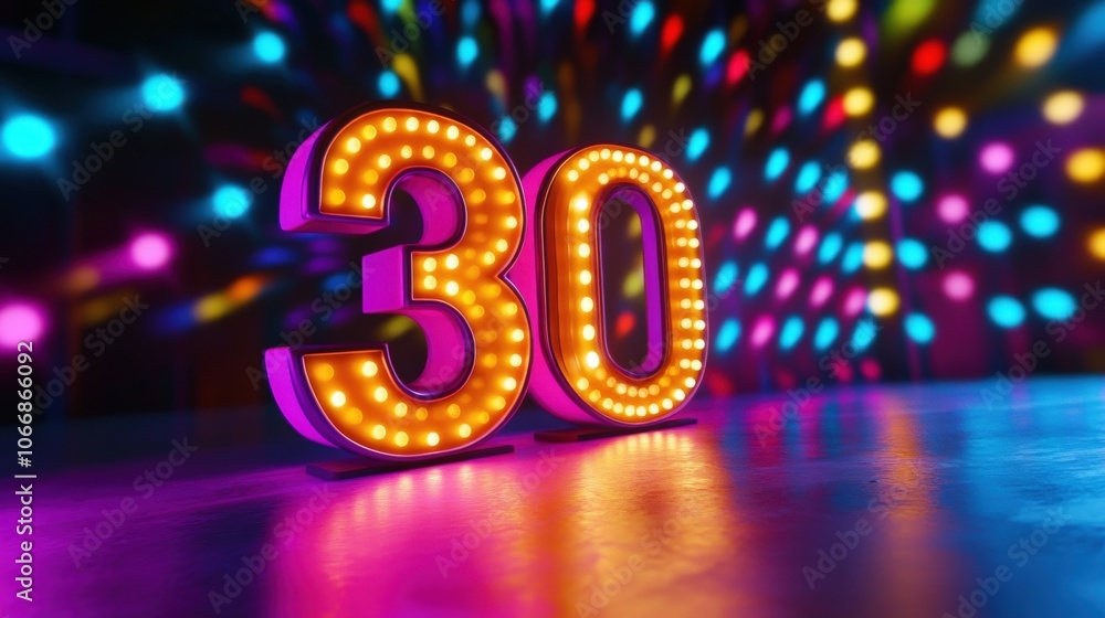 Poster the number 30 shines brightly with bold lights, set against a dynamic backdrop of colorful lights, c