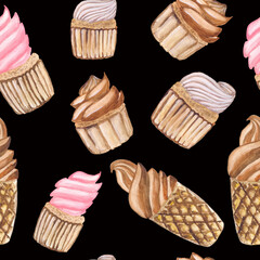 chocolate ice cream in a waffle cup cupcakes with vanilla and strawberry cream seamless pattern watercolor illustration isolated on a black background base for printing textile cards