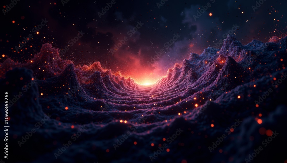 Poster vibrant cosmic landscape featuring textured waves and glowing elements in a mystical void space