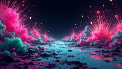 Vibrant cosmic scene showcasing colorful clouds and explosive elements in a mesmerizing void space