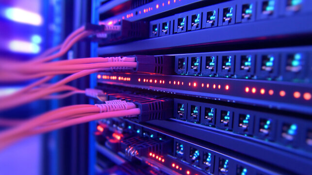 Tech background. Server in server room with pink wires plugged in. Server running. Lights blinking.