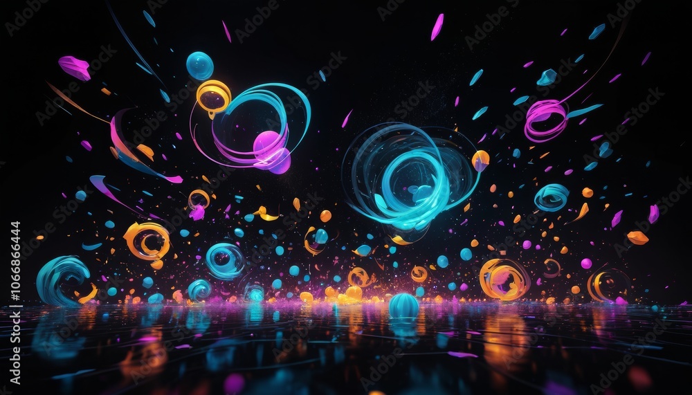Poster vibrant abstract artwork featuring colorful orbs and swirling shapes creating a sense of controlled 