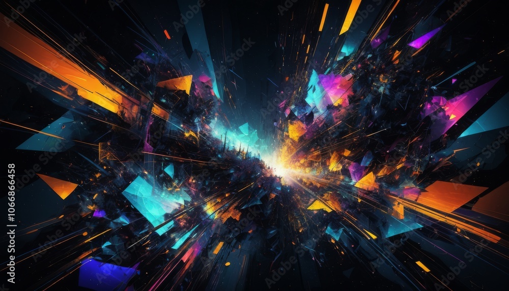 Aufkleber dynamic abstract explosion artwork featuring a burst of geometric shapes and vibrant colors in void 