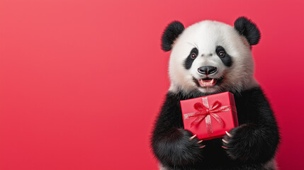 Adorable panda holding a red gift box with a ribbon on a red background. Minimal banner with copy space. Postcard, card.