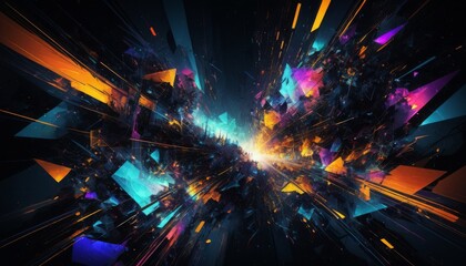 Dynamic abstract explosion artwork featuring a burst of geometric shapes and vibrant colors in void space